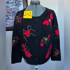 Michael Simon L XL heart Bugs Ant Spider sweater cardigan Valentines